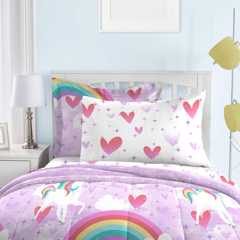 dream FACTORY Kids 5-Piece Complete Set Easy-Wash Super Soft Microfiber Comforter Bedding, Twin, Purple Unicorn Rainbow - Image 2